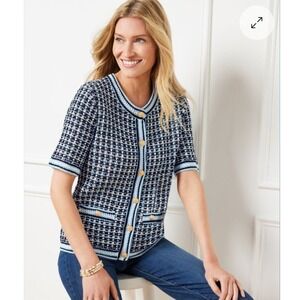 Talbots XS‎ Blue Knit Tweed Short Sleeve Cardigan Sweater Gold Buttons